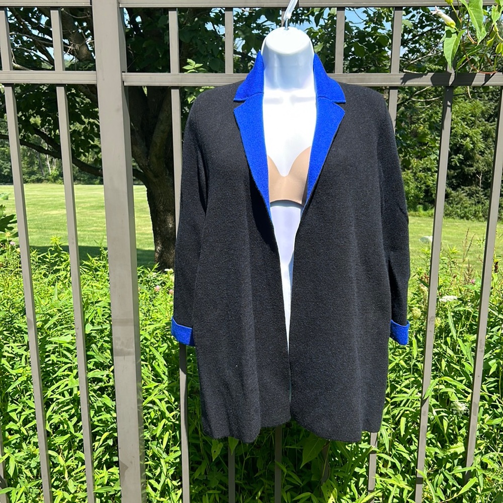 Talbots Merino Wool Black & Royal Blue Open Front Cardigan Sweater Size SP